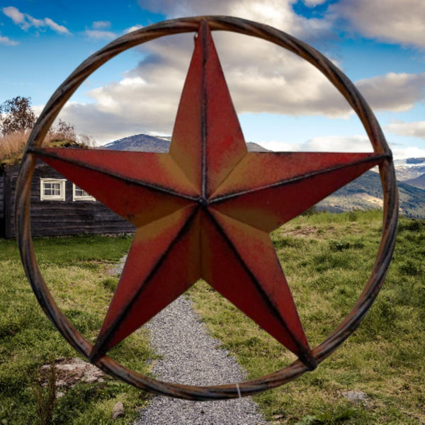 16",12" RED DISTRESSED BARN METAL LONE STAR TWISTED ROPE RING WESTERN HOME DECOR HANDMADE NEW #EH10623