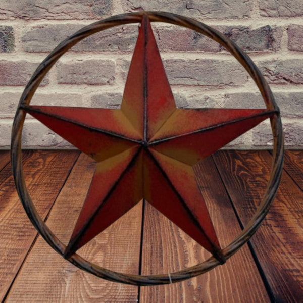 16",12" RED DISTRESSED BARN METAL LONE STAR TWISTED ROPE RING WESTERN HOME DECOR HANDMADE NEW #EH10623