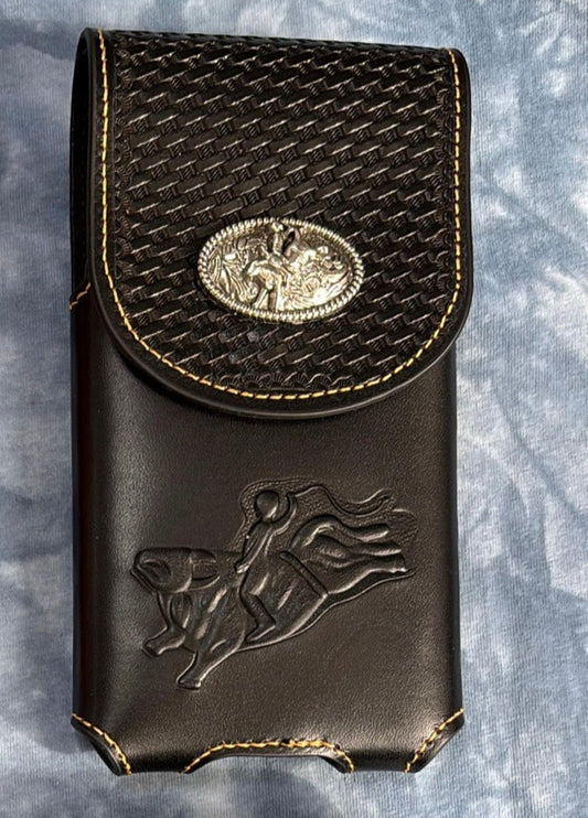 7" RODEO BULL RIDER BLACK LEATHER POUCH EXTRA LARGE  BELT LOOP HOLSTER CELL PHONE CASE UNIVERSAL OVERSIZE HANDMADE #EH12967