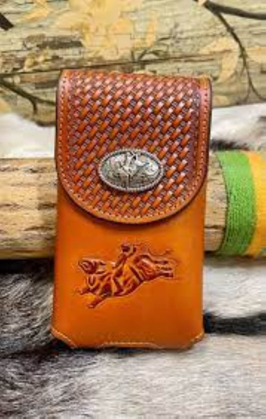 7" RODEO BULL RIDER LEATHER POUCH EXTRA LARGE  BELT LOOP HOLSTER CELL PHONE CASE UNIVERSAL OVERSIZE HANDMADE #EH13220