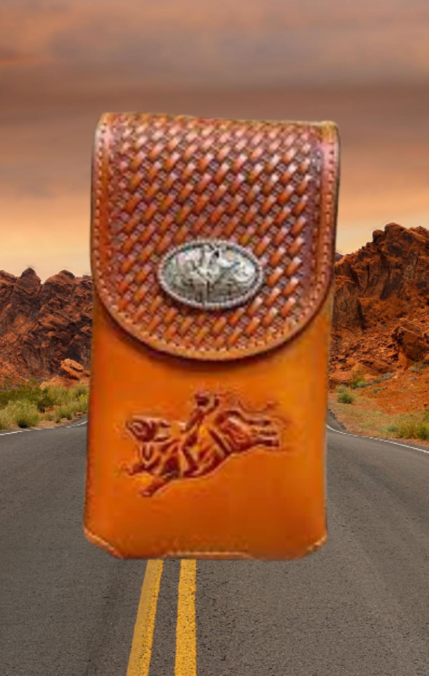 7" RODEO BULL RIDER LEATHER POUCH EXTRA LARGE  BELT LOOP HOLSTER CELL PHONE CASE UNIVERSAL OVERSIZE HANDMADE #EH13220