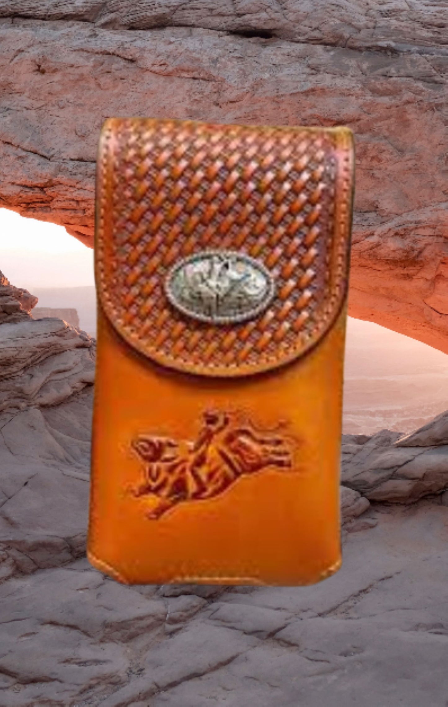 7" RODEO BULL RIDER LEATHER POUCH EXTRA LARGE  BELT LOOP HOLSTER CELL PHONE CASE UNIVERSAL OVERSIZE HANDMADE #EH12966