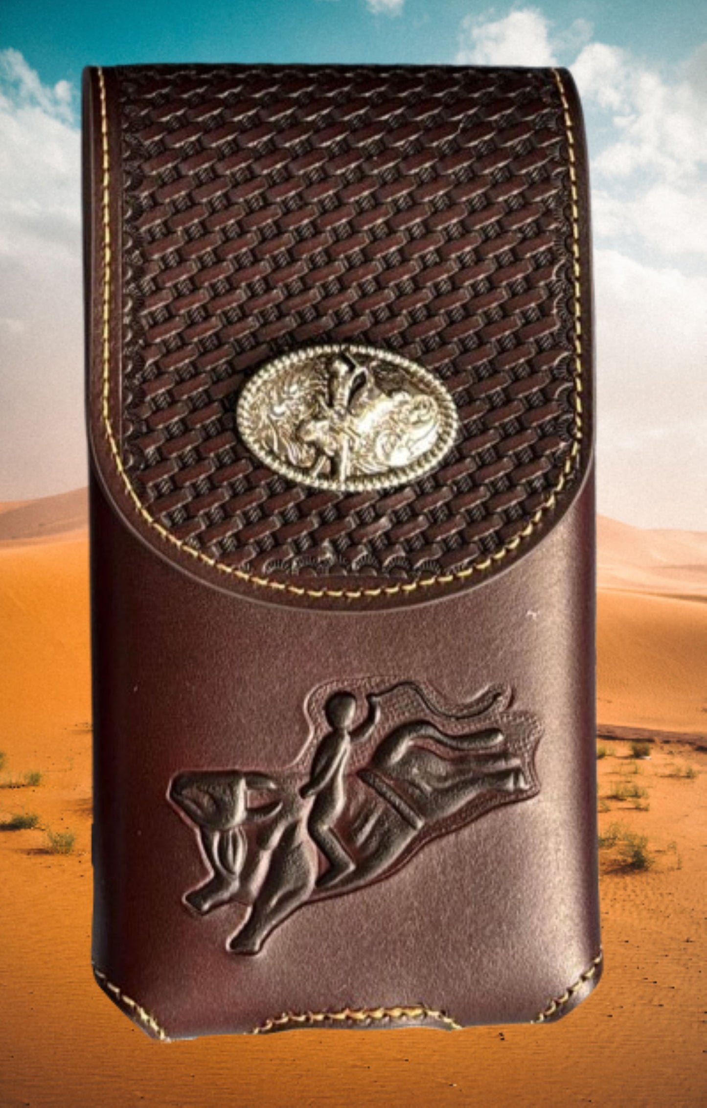 7" RODEO BULL RIDER COFFEE LEATHER POUCH EXTRA LARGE  BELT LOOP HOLSTER CELL PHONE CASE UNIVERSAL OVERSIZE HANDMADE #EH13242
