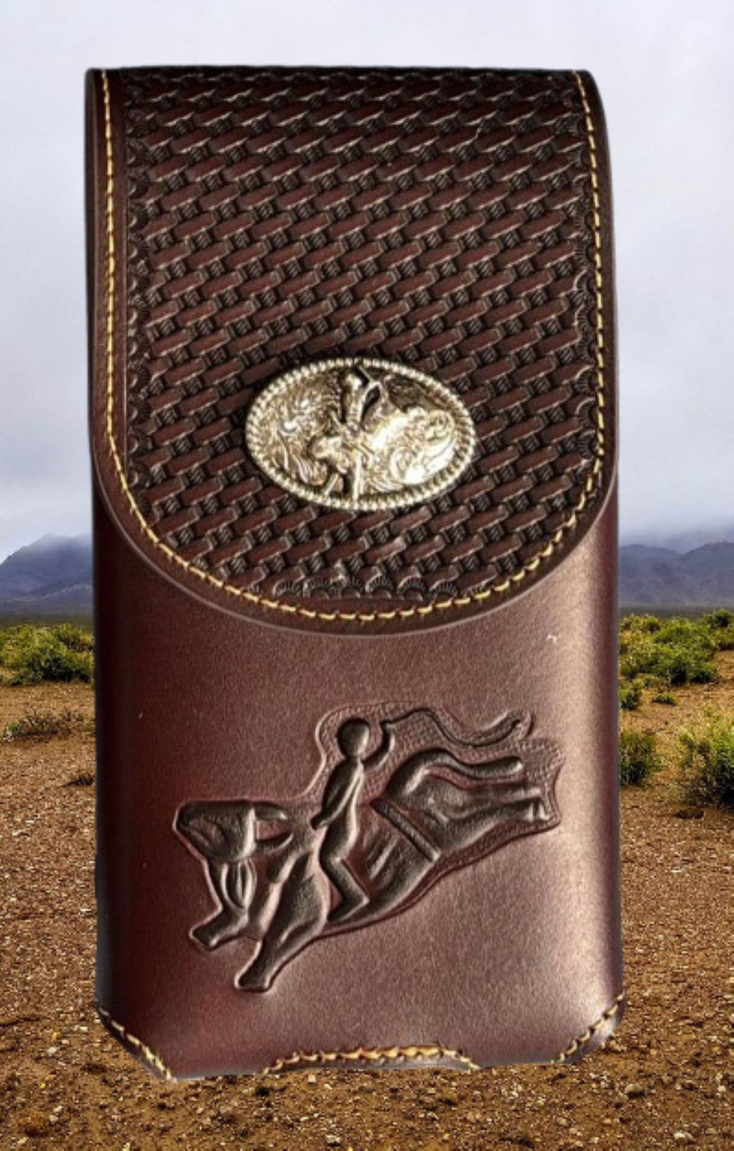 7" RODEO BULL RIDER COFFEE LEATHER POUCH EXTRA LARGE  BELT LOOP HOLSTER CELL PHONE CASE UNIVERSAL OVERSIZE HANDMADE #EH13242