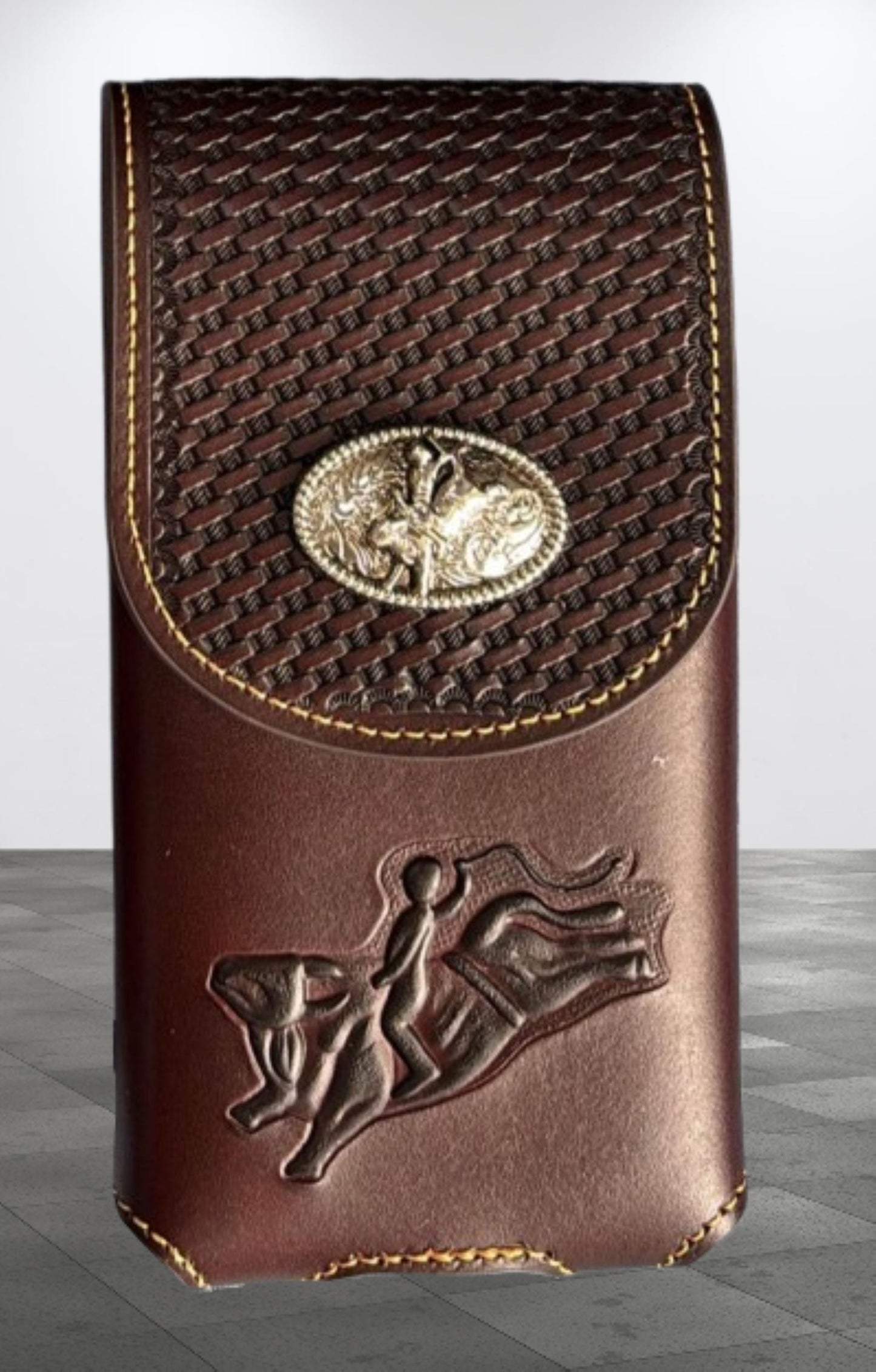 7" RODEO BULL RIDER COFFEE LEATHER POUCH EXTRA LARGE  BELT LOOP HOLSTER CELL PHONE CASE UNIVERSAL OVERSIZE HANDMADE #EH13242