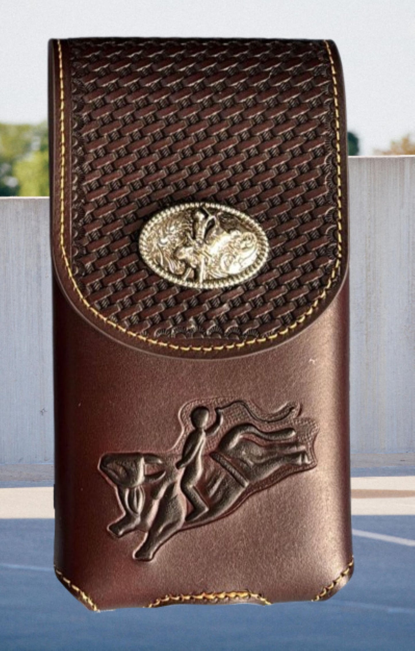 7" RODEO BULL RIDER LEATHER POUCH EXTRA LARGE  BELT LOOP HOLSTER CELL PHONE CASE UNIVERSAL OVERSIZE HANDMADE #EH12966