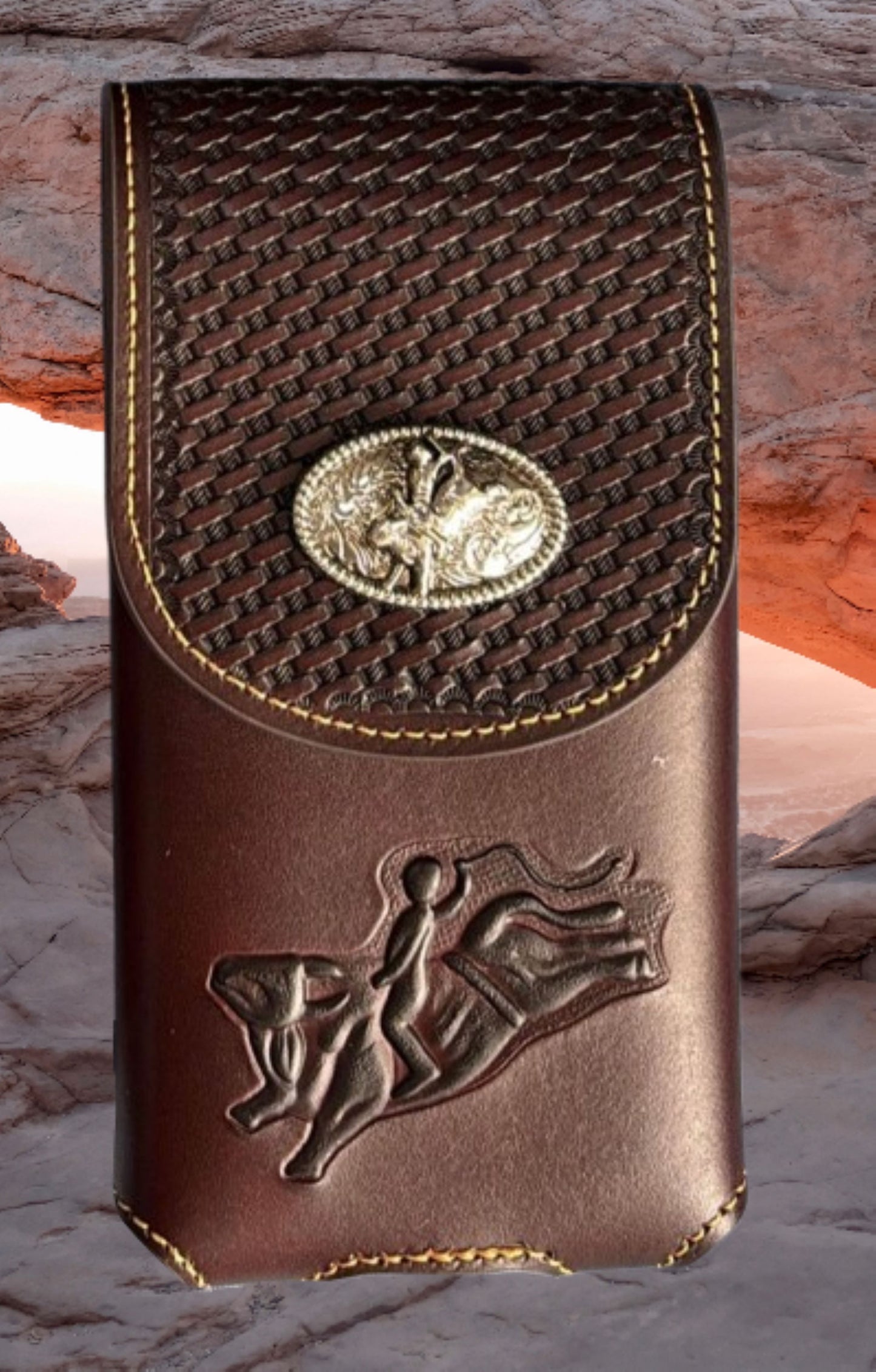 7" RODEO BULL RIDER LEATHER POUCH EXTRA LARGE  BELT LOOP HOLSTER CELL PHONE CASE UNIVERSAL OVERSIZE HANDMADE #EH12966