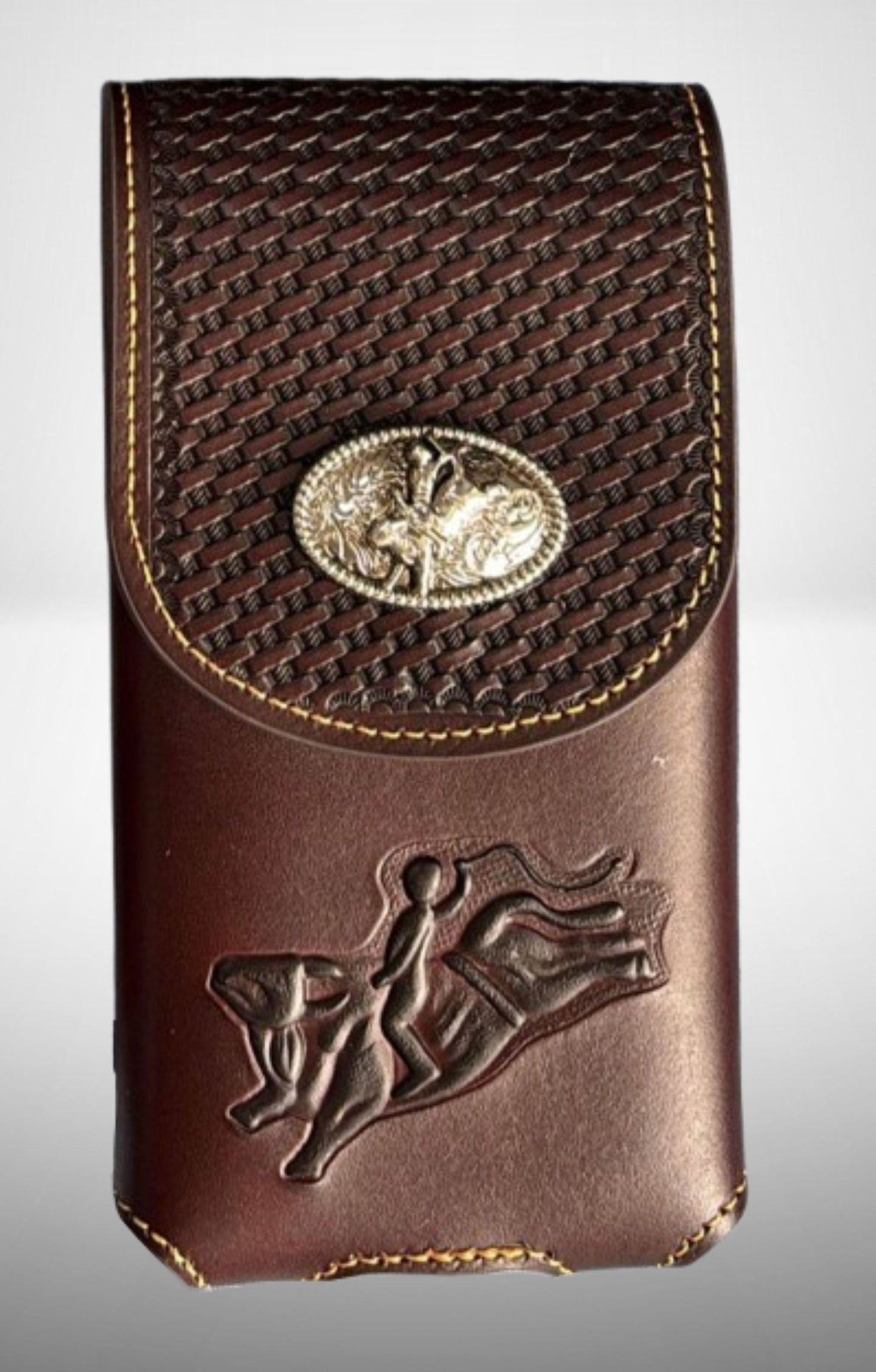 7" RODEO BULL RIDER COFFEE LEATHER POUCH EXTRA LARGE  BELT LOOP HOLSTER CELL PHONE CASE UNIVERSAL OVERSIZE HANDMADE #EH13242