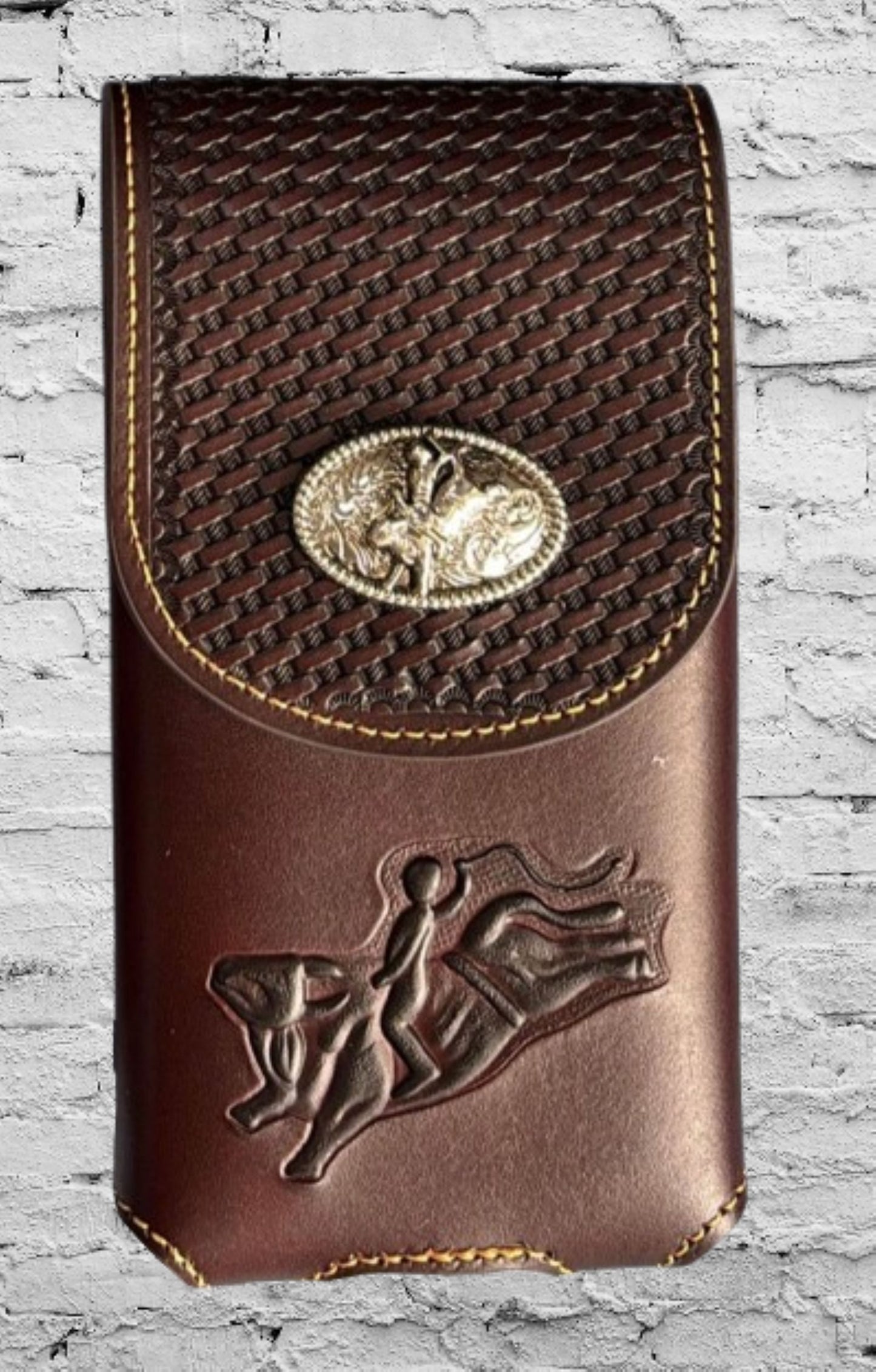 7" RODEO BULL RIDER LEATHER POUCH EXTRA LARGE  BELT LOOP HOLSTER CELL PHONE CASE UNIVERSAL OVERSIZE HANDMADE #EH12966