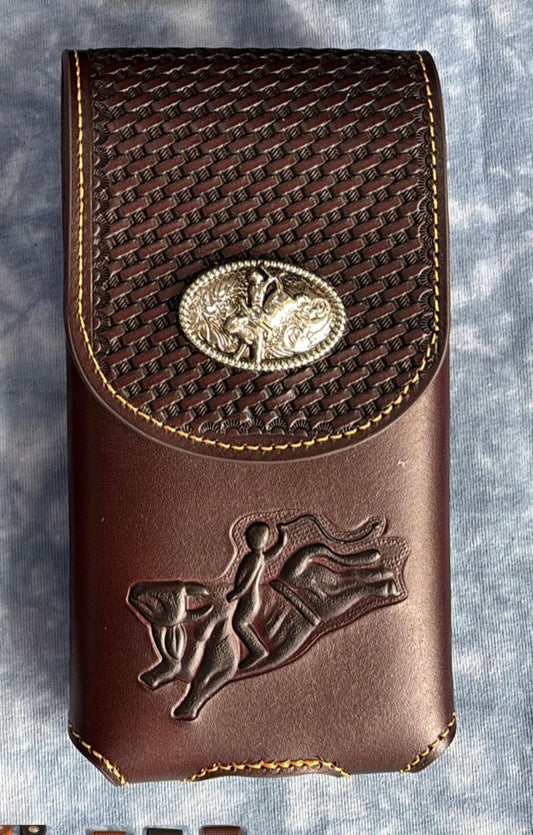 7" RODEO BULL RIDER COFFEE LEATHER POUCH EXTRA LARGE  BELT LOOP HOLSTER CELL PHONE CASE UNIVERSAL OVERSIZE HANDMADE #EH13242