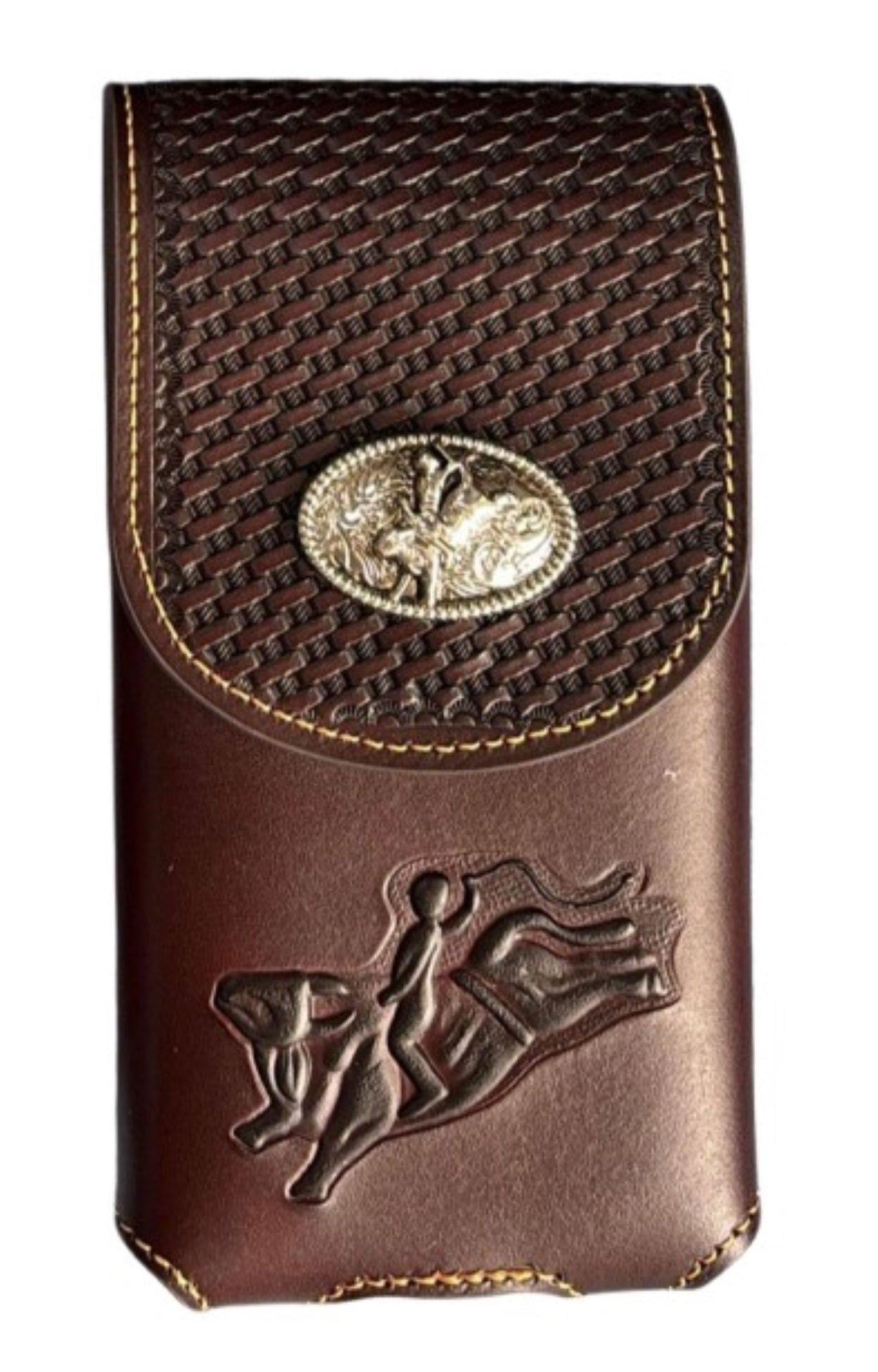 7" RODEO BULL RIDER COFFEE LEATHER POUCH EXTRA LARGE  BELT LOOP HOLSTER CELL PHONE CASE UNIVERSAL OVERSIZE HANDMADE #EH13242