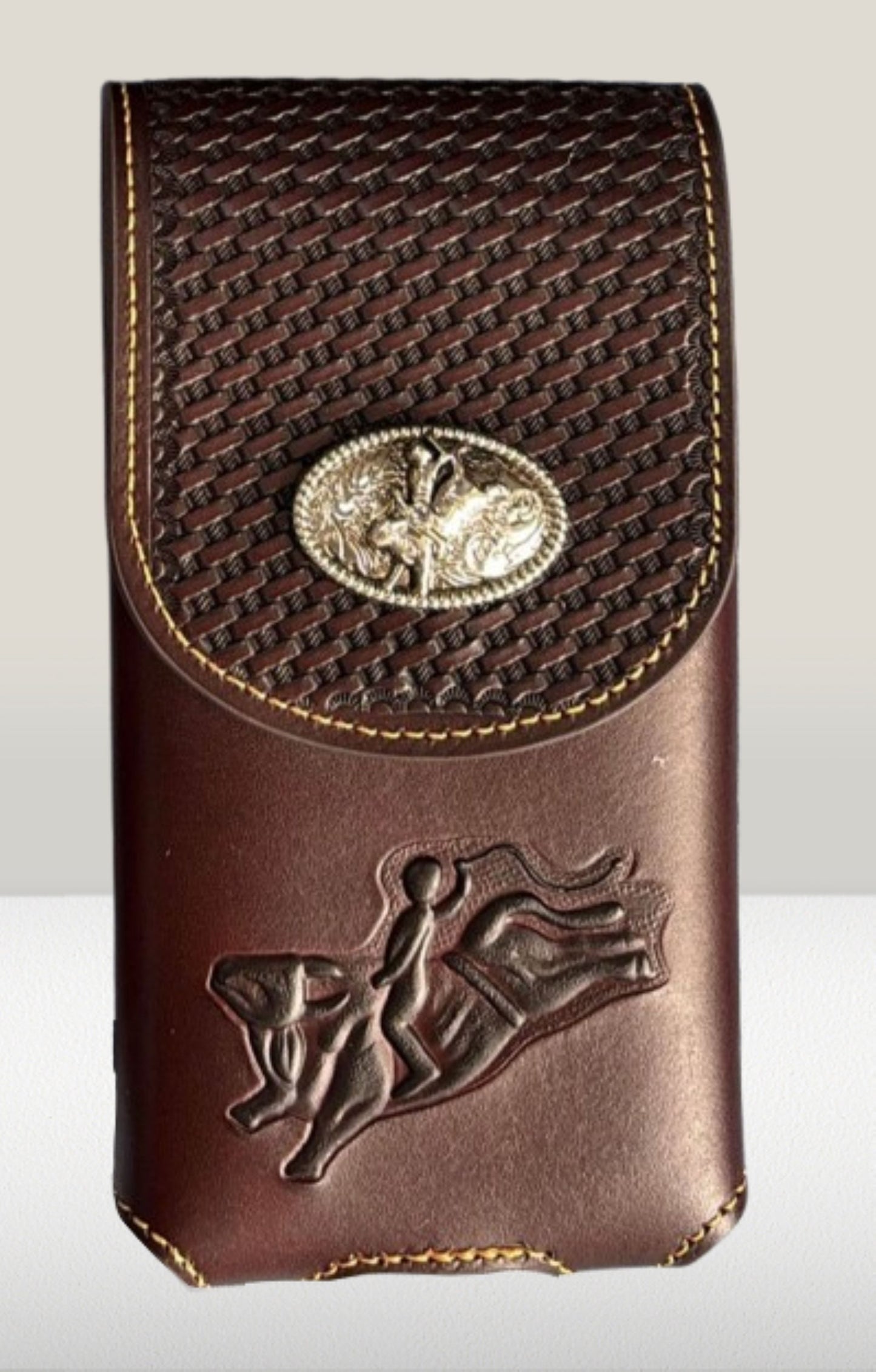 7" RODEO BULL RIDER COFFEE LEATHER POUCH EXTRA LARGE  BELT LOOP HOLSTER CELL PHONE CASE UNIVERSAL OVERSIZE HANDMADE #EH13242