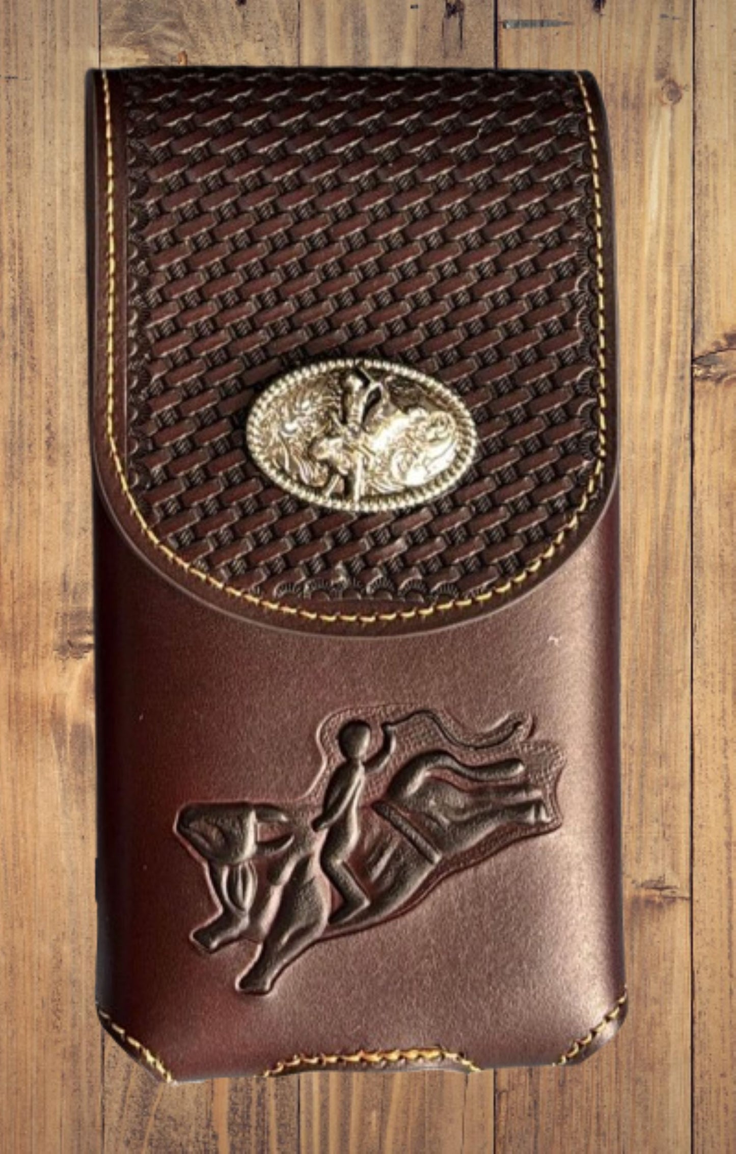 7" RODEO BULL RIDER COFFEE LEATHER POUCH EXTRA LARGE  BELT LOOP HOLSTER CELL PHONE CASE UNIVERSAL OVERSIZE HANDMADE #EH13242