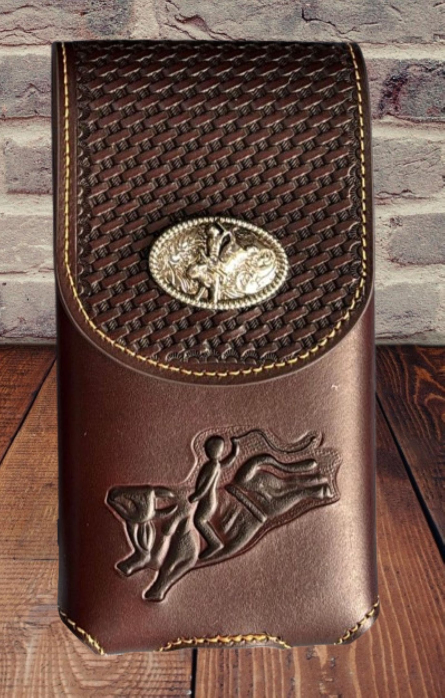 7" RODEO BULL RIDER COFFEE LEATHER POUCH EXTRA LARGE  BELT LOOP HOLSTER CELL PHONE CASE UNIVERSAL OVERSIZE HANDMADE #EH13242