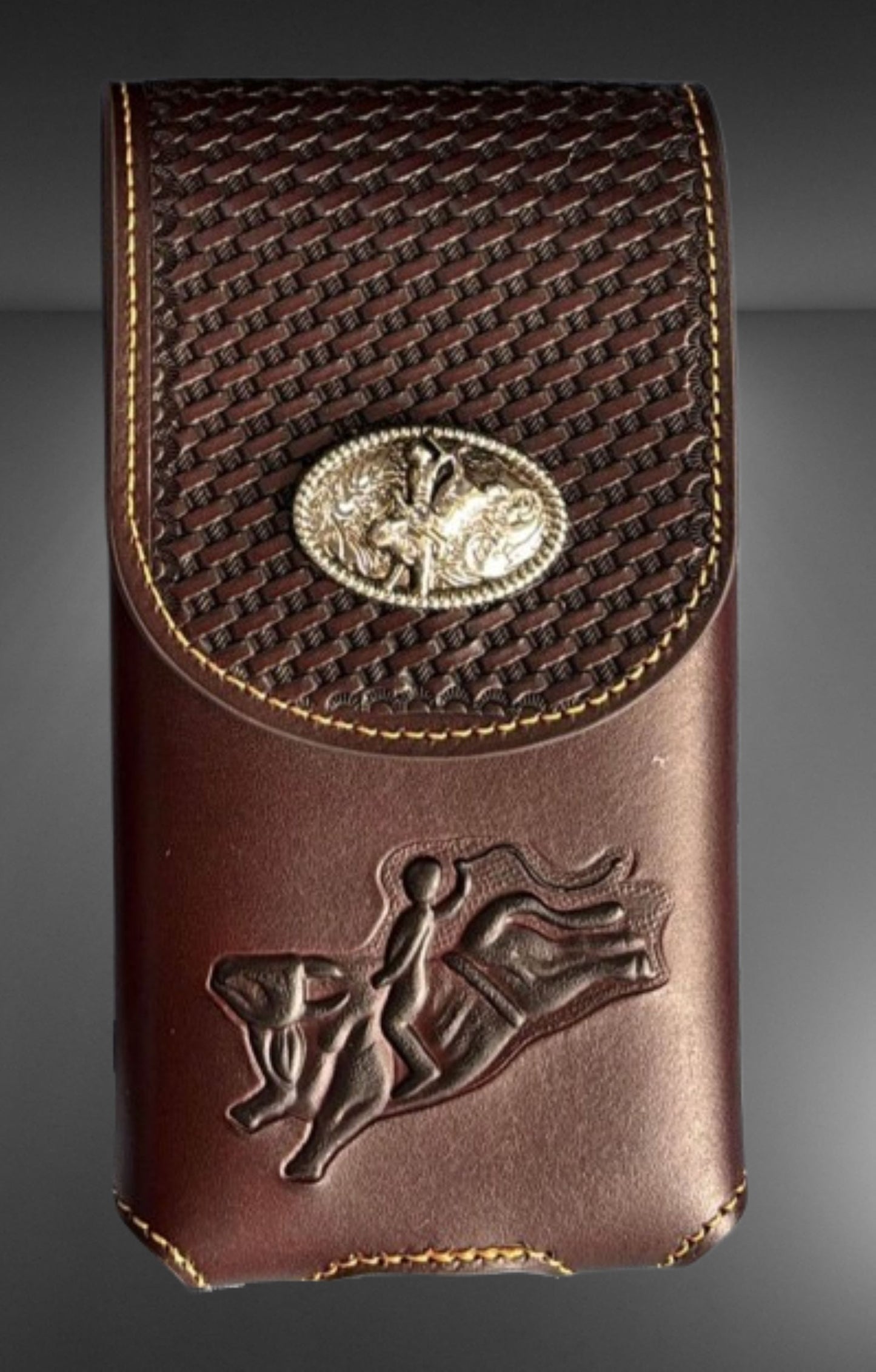 7" RODEO BULL RIDER COFFEE LEATHER POUCH EXTRA LARGE  BELT LOOP HOLSTER CELL PHONE CASE UNIVERSAL OVERSIZE HANDMADE #EH13242