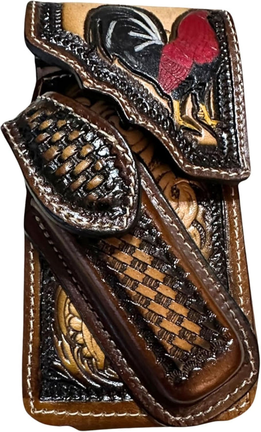 ROOSTER LEATHER HOLSTER PHONE POUCH WITH KNIFE HOLDER FRONT EXTRA LARGE  BELT LOOP CELL PHONE CASE UNIVERSAL OVERSIZE #EH12979