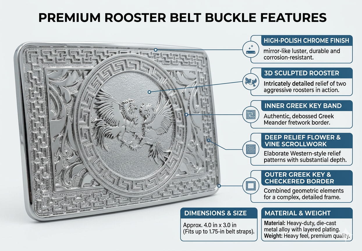 COCK FIGHTING ROOSTER BELT BUCKLE SILVER WESTERN METAL BUCKLE FASHION ART 4.5" X 3.5"  #EH13233