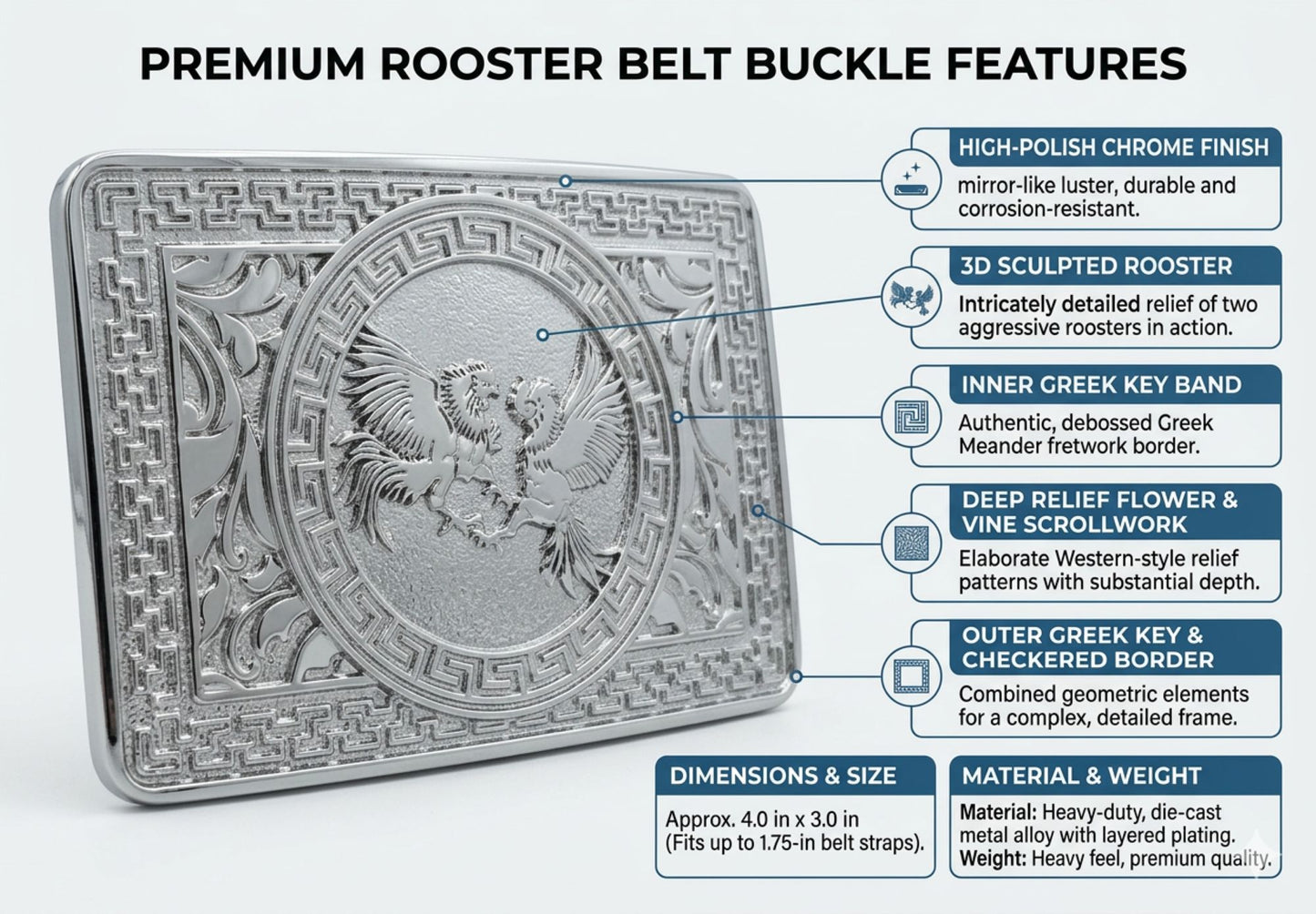 COCK FIGHTING ROOSTER BELT BUCKLE SILVER WESTERN METAL BUCKLE FASHION ART 4.5" X 3.5"  #EH13233