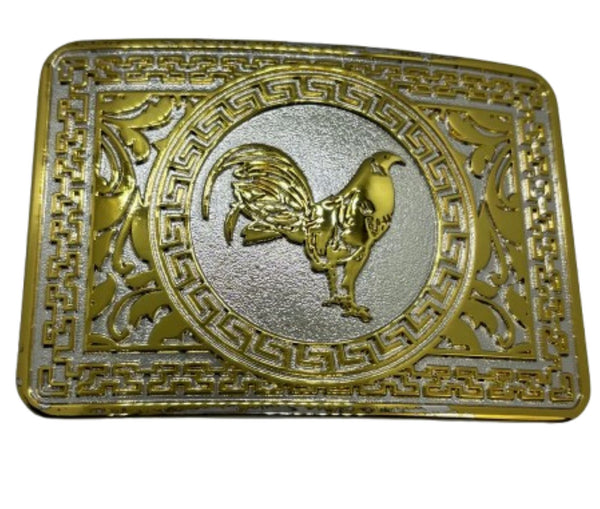 ROOSTER BELT BUCKLE GOLD WHITE WESTERN METAL BUCKLE FASHION ART 4.5" X 3.5"  #EH13237