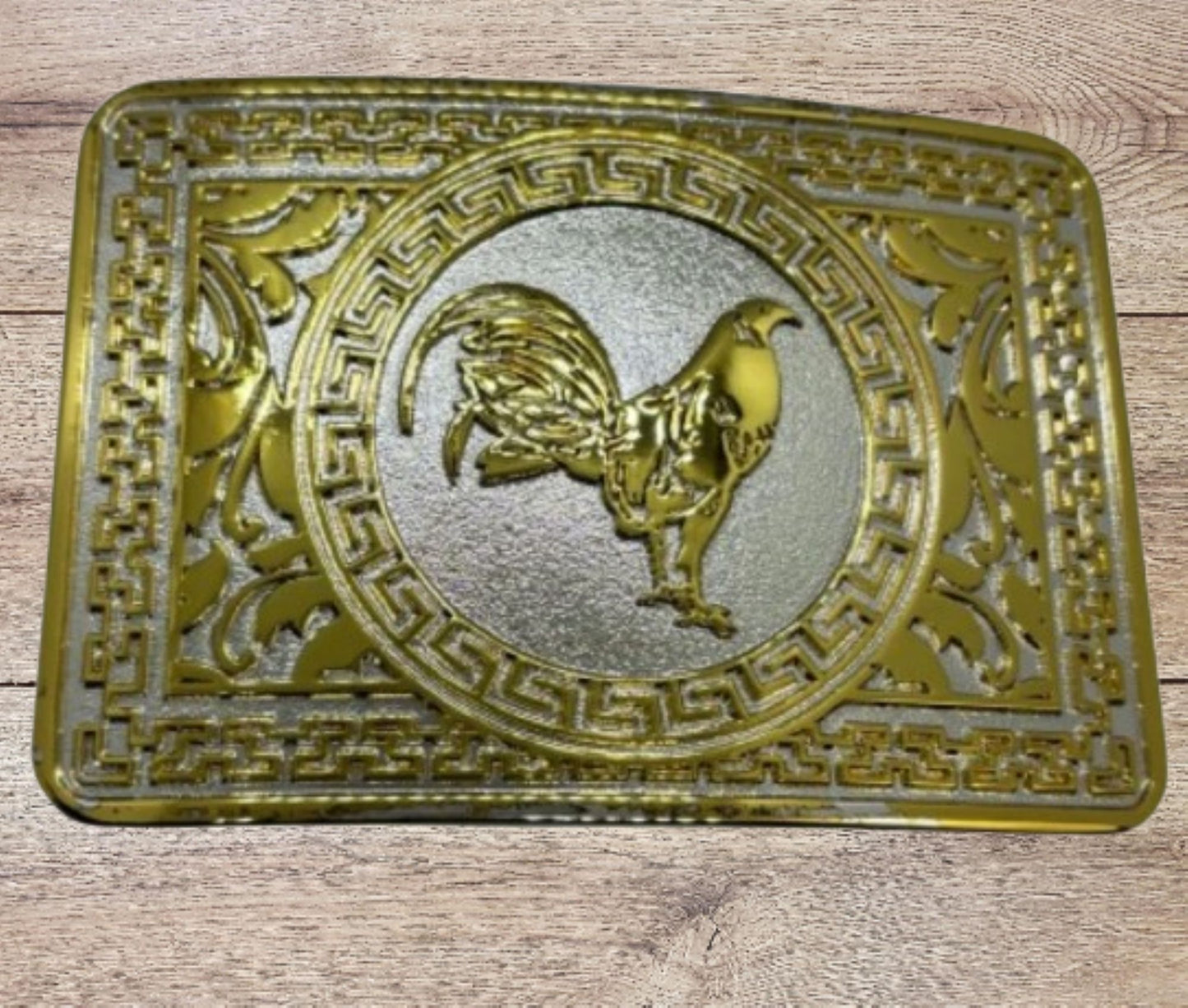 ROOSTER BELT BUCKLE GOLD WHITE WESTERN METAL BUCKLE FASHION ART 4.5" X 3.5"  #EH13237