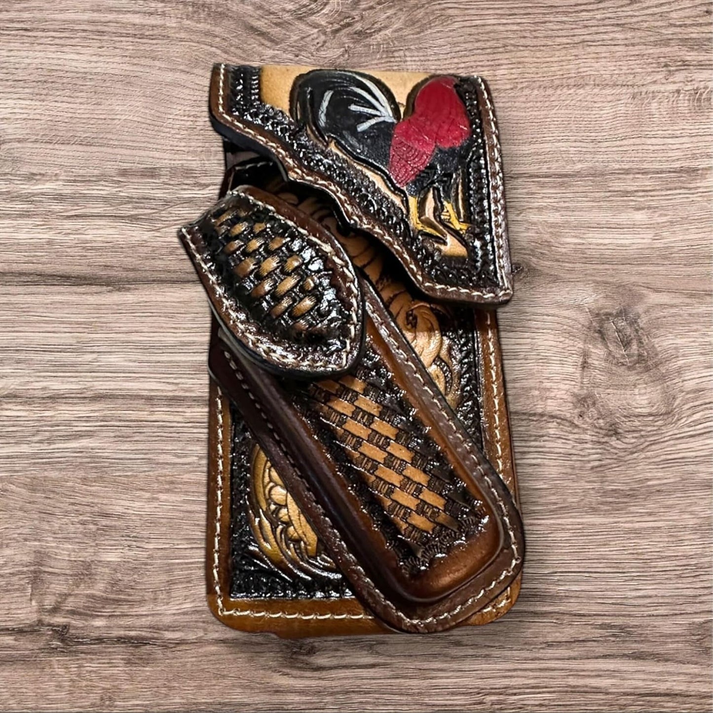 ROOSTER LEATHER HOLSTER PHONE POUCH WITH KNIFE HOLDER FRONT EXTRA LARGE  BELT LOOP CELL PHONE CASE UNIVERSAL OVERSIZE #EH12979