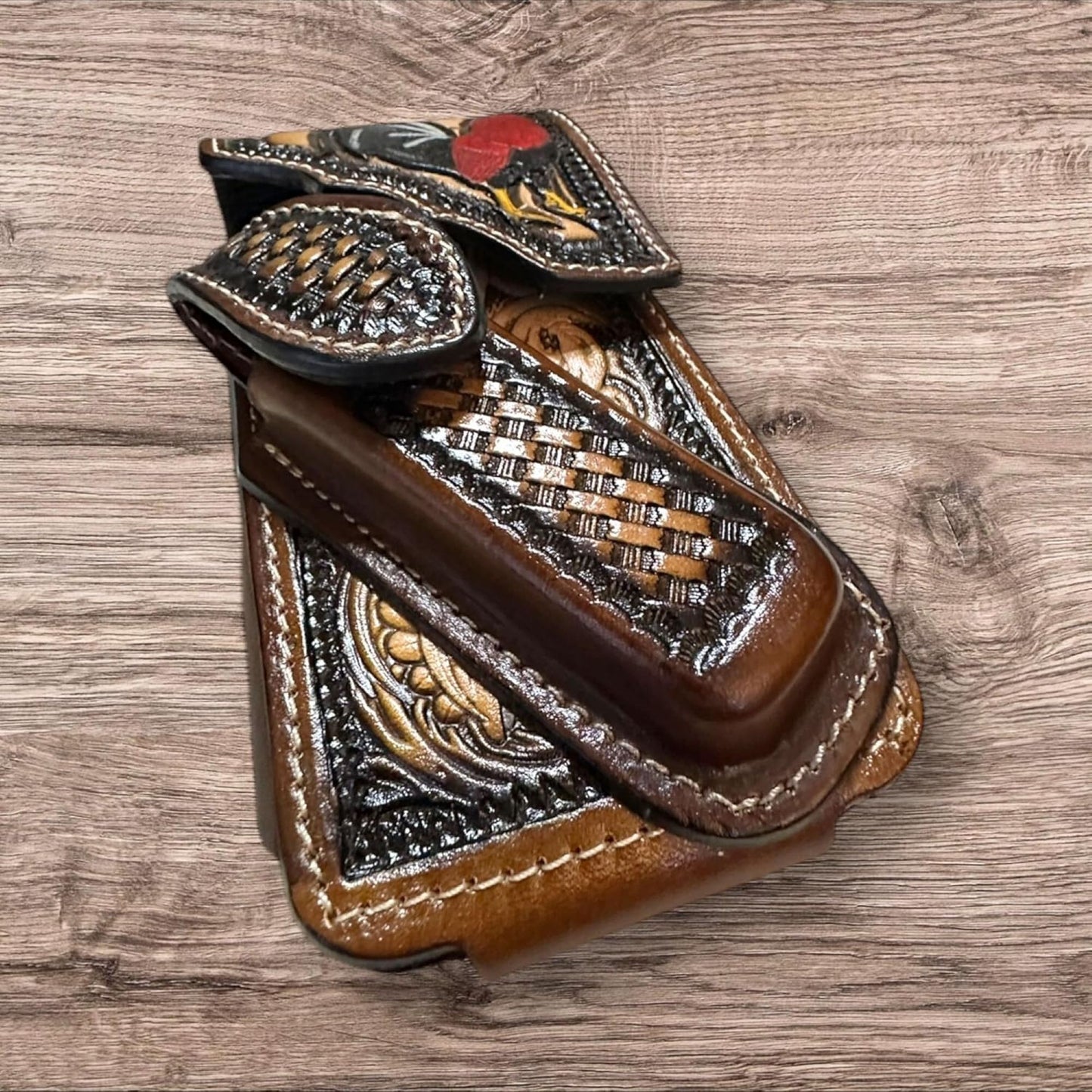 ROOSTER LEATHER HOLSTER PHONE POUCH WITH KNIFE HOLDER FRONT EXTRA LARGE  BELT LOOP CELL PHONE CASE UNIVERSAL OVERSIZE #EH12979