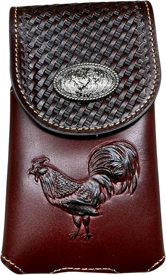 7" ROOSTER BROWN EMBOSSED LEATHER POUCH EXTRA LARGE  BELT LOOP HOLSTER CELL PHONE CASE UNIVERSAL OVERSIZE #EH12925--FREE SHIPPING