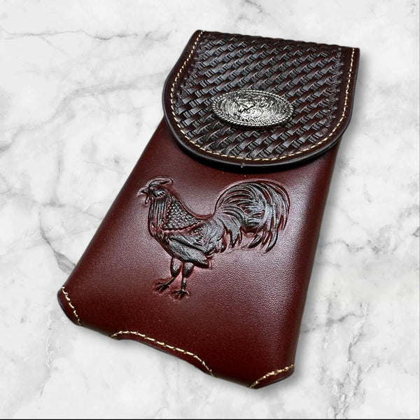 7" ROOSTER BROWN EMBOSSED LEATHER POUCH EXTRA LARGE  BELT LOOP HOLSTER CELL PHONE CASE UNIVERSAL OVERSIZE #EH12925--FREE SHIPPING