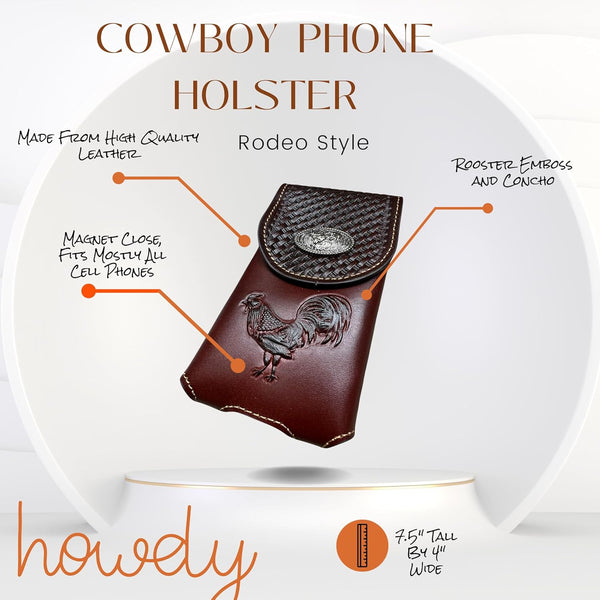 7" ROOSTER BROWN EMBOSSED LEATHER POUCH EXTRA LARGE  BELT LOOP HOLSTER CELL PHONE CASE UNIVERSAL OVERSIZE #EH12925--FREE SHIPPING