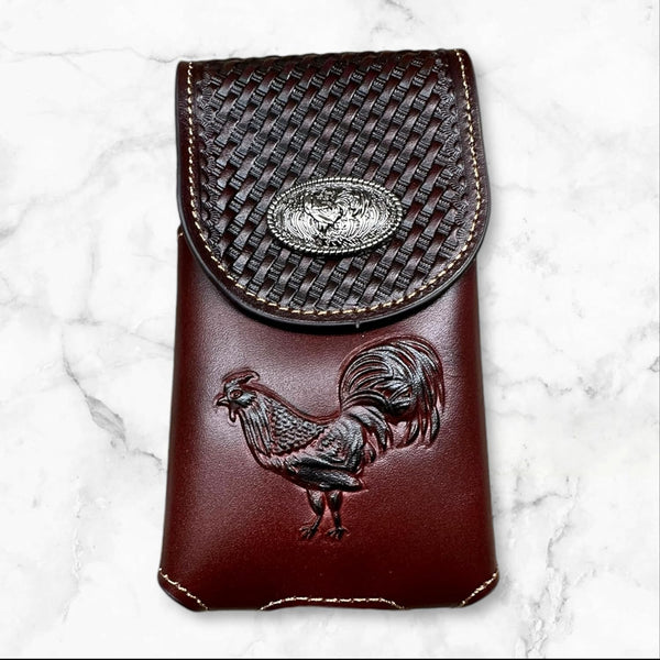 7" ROOSTER BROWN EMBOSSED LEATHER POUCH EXTRA LARGE  BELT LOOP HOLSTER CELL PHONE CASE UNIVERSAL OVERSIZE #EH12925--FREE SHIPPING