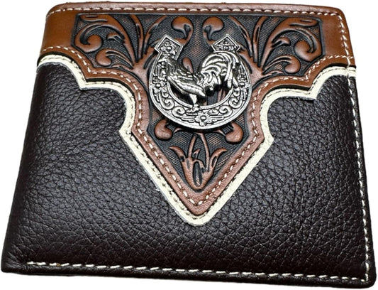 Mens Wallet Floral Tooled Rooster Horseshoe Concho Coffee Embossed Cowboy Western Leather Wallet High End Leather Mens Wallets Leather Rodeo Gifts For Men #EH13044, 5" x 5" x 1"