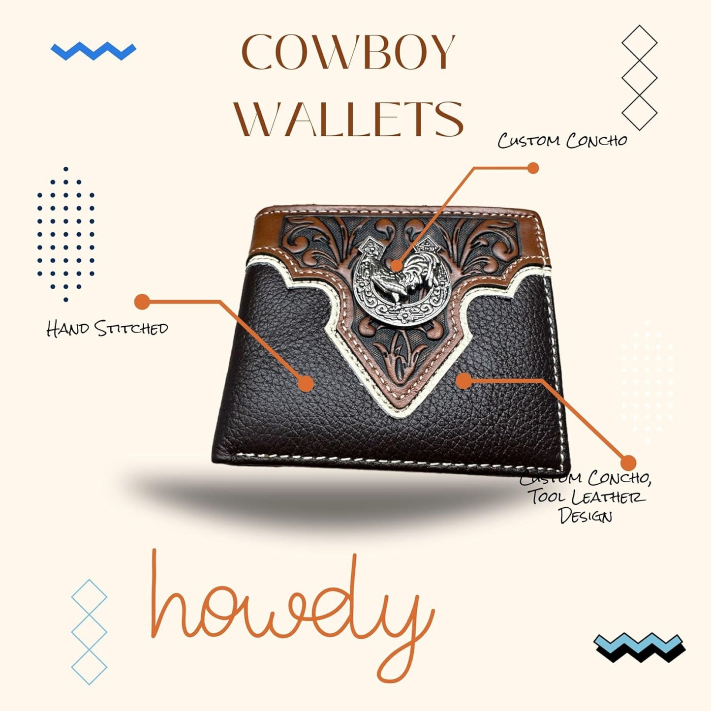 Mens Wallet Floral Tooled Rooster Horseshoe Concho Coffee Embossed Cowboy Western Leather Wallet High End Leather Mens Wallets Leather Rodeo Gifts For Men #EH13044, 5" x 5" x 1"