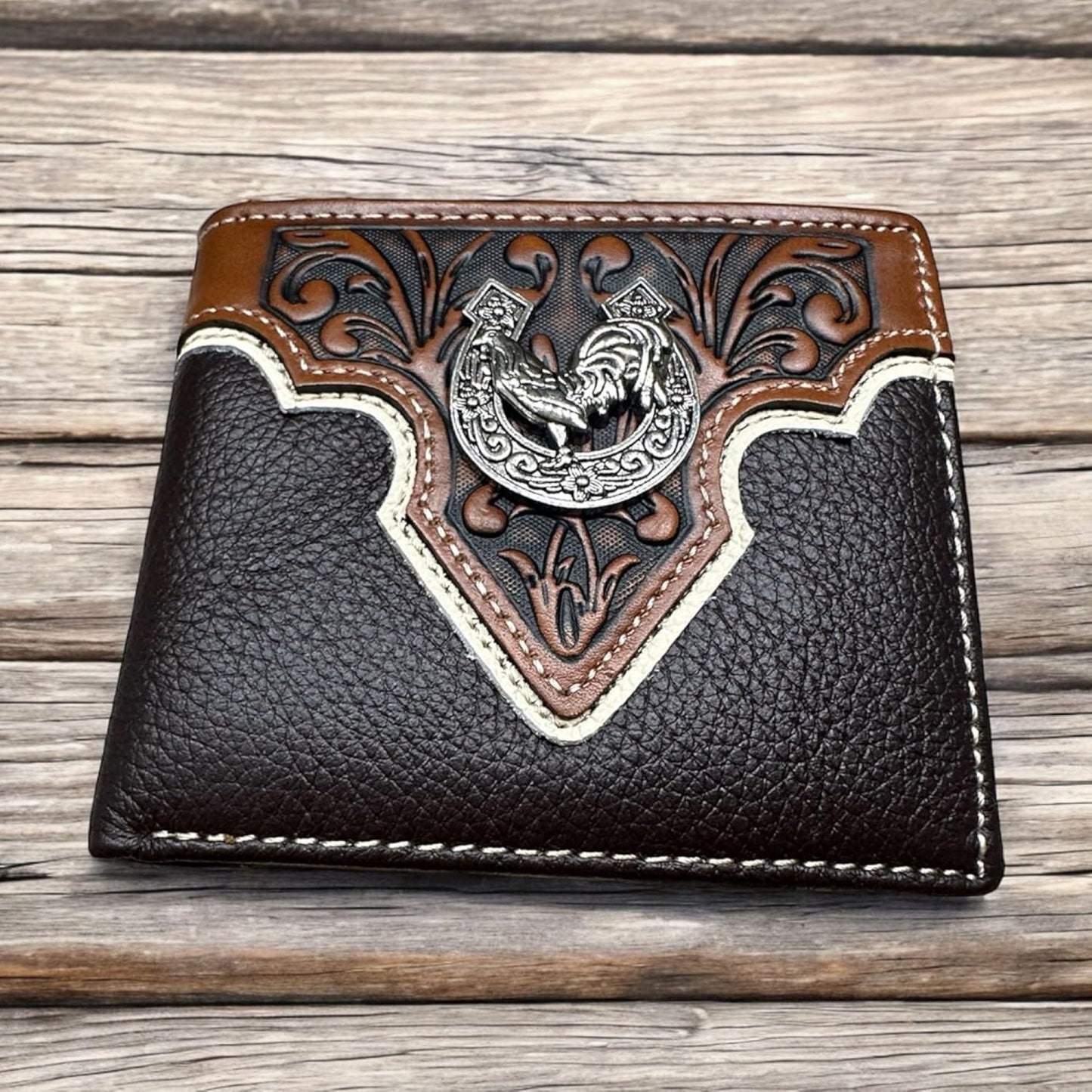 Mens Wallet Floral Tooled Rooster Horseshoe Concho Coffee Embossed Cowboy Western Leather Wallet High End Leather Mens Wallets Leather Rodeo Gifts For Men #EH13044, 5" x 5" x 1"