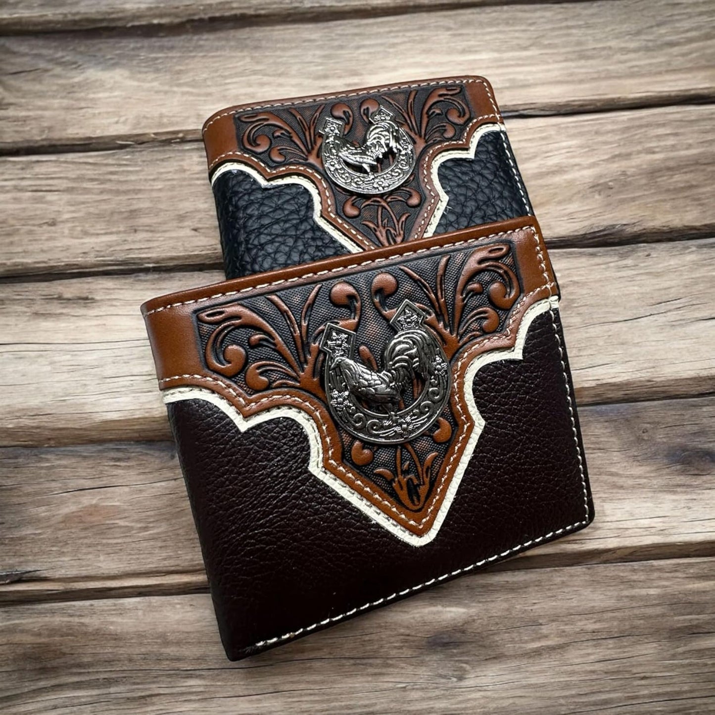 Mens Wallet Floral Tooled Rooster Horseshoe Concho Coffee Embossed Cowboy Western Leather Wallet High End Leather Mens Wallets Leather Rodeo Gifts For Men #EH13044, 5" x 5" x 1"