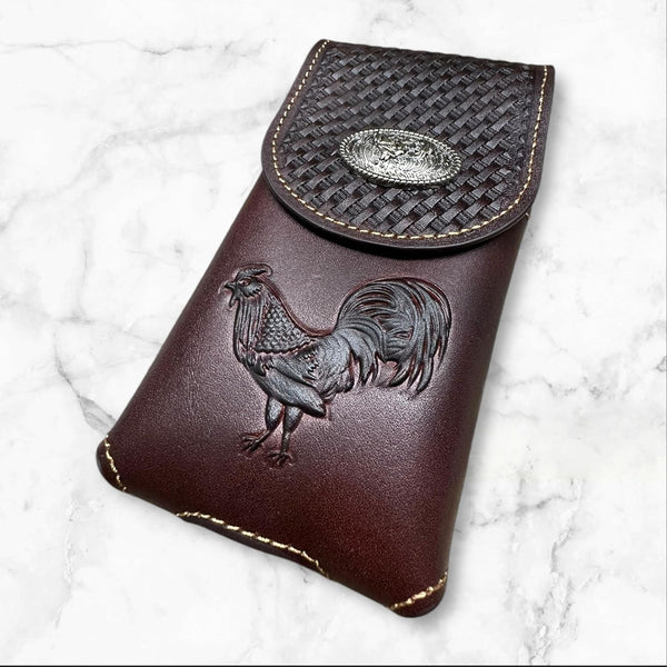 7" ROOSTER BROWN EMBOSSED LEATHER POUCH EXTRA LARGE  BELT LOOP HOLSTER CELL PHONE CASE UNIVERSAL OVERSIZE #EH12925--FREE SHIPPING