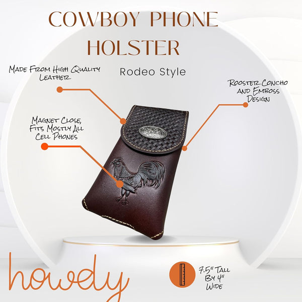 7" ROOSTER COFFEE BROWN EMBOSSED LEATHER POUCH EXTRA LARGE  BELT LOOP HOLSTER CELL PHONE CASE UNIVERSAL OVERSIZE--FREE SHIPPING