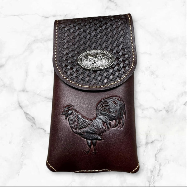 7" ROOSTER COFFEE BROWN EMBOSSED LEATHER POUCH EXTRA LARGE  BELT LOOP HOLSTER CELL PHONE CASE UNIVERSAL OVERSIZE--FREE SHIPPING