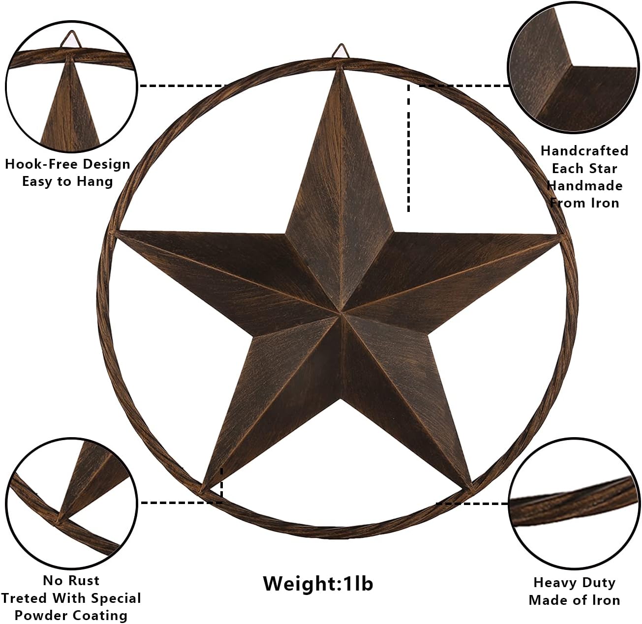 12" TO 72" BARN METAL STAR TWISTED ROPE RING RUSTIC BRONZE WESTERN HOME DECOR HANDMADE #EH10008