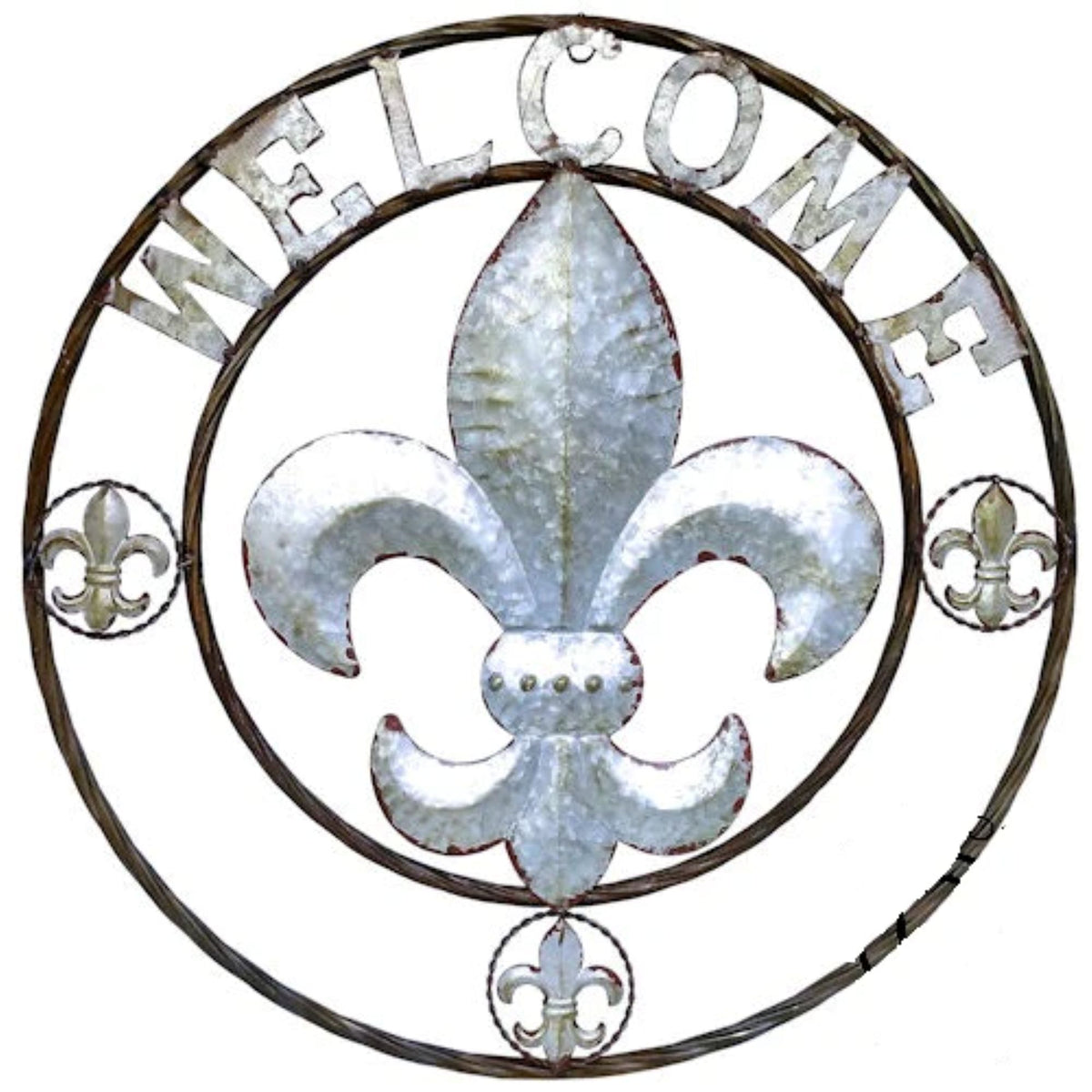 FLEUR DE LIS 24" WELCOME GALVANIZED RAW METAL WALL ART WESTERN HOME DECOR #EH10286