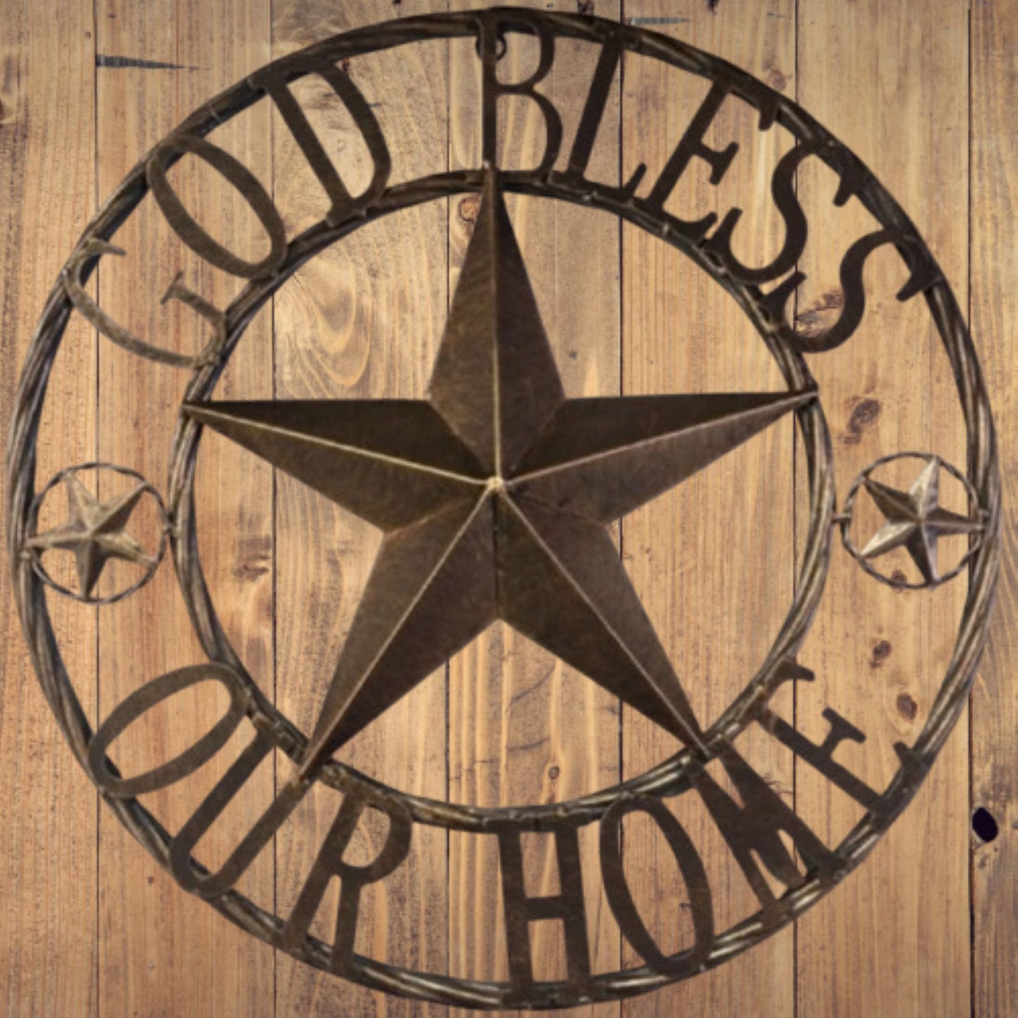 GOD BLESS OUR HOME BARN STAR METAL LONE STAR TWISTED ROPE RING RUSTIC BRONZE WESTERN HOME DECOR HANDMADE #EH12955