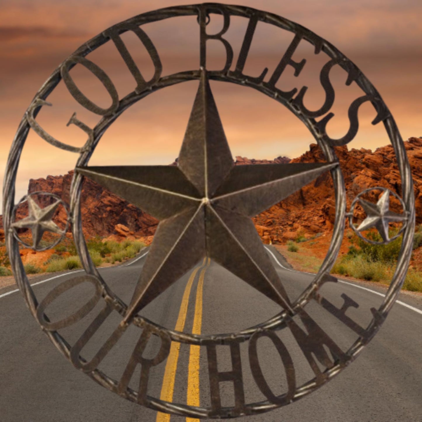 GOD BLESS OUR HOME BARN STAR METAL LONE STAR TWISTED ROPE RING RUSTIC BRONZE WESTERN HOME DECOR HANDMADE #EH12955