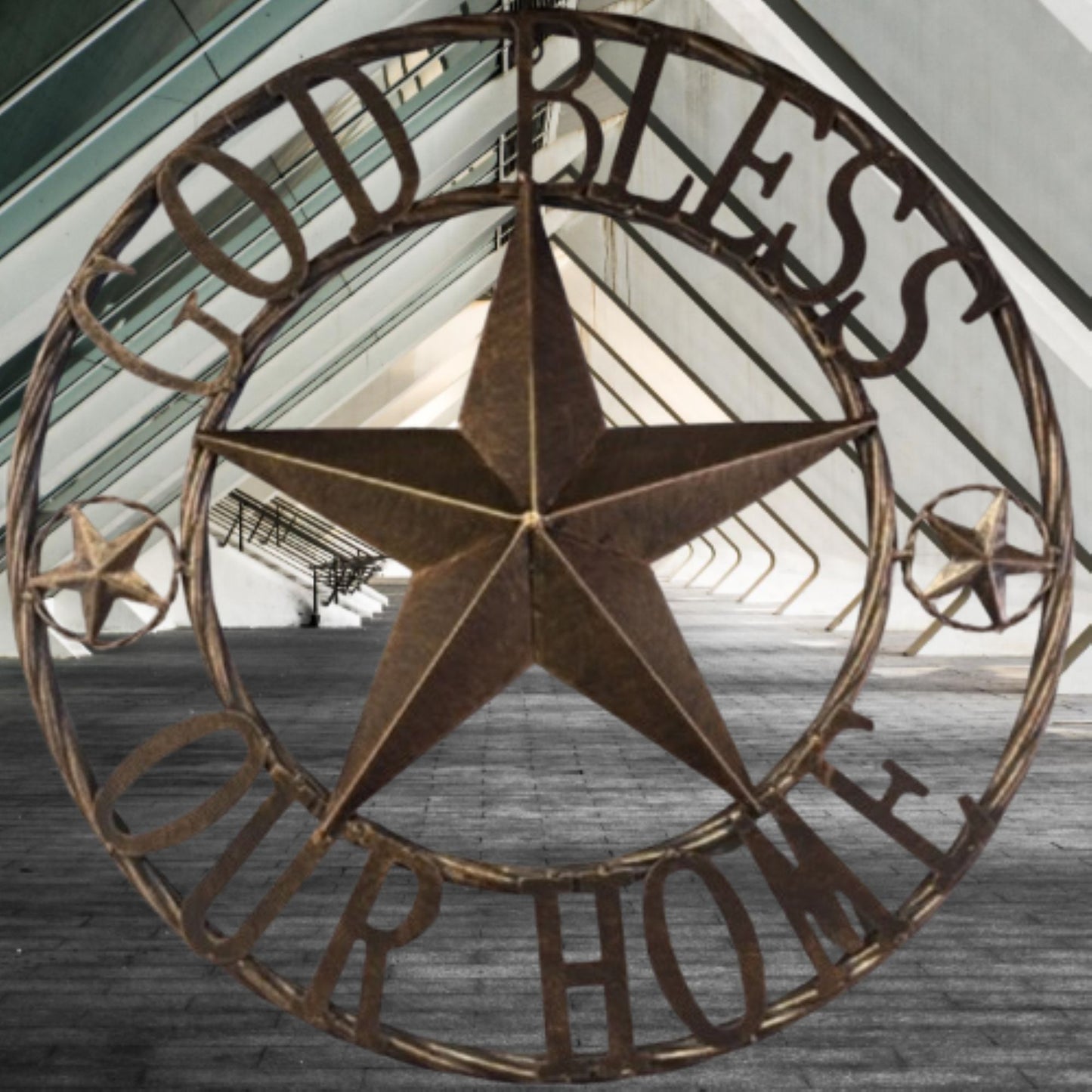 GOD BLESS OUR HOME BARN STAR METAL LONE STAR TWISTED ROPE RING RUSTIC BRONZE WESTERN HOME DECOR HANDMADE #EH12955