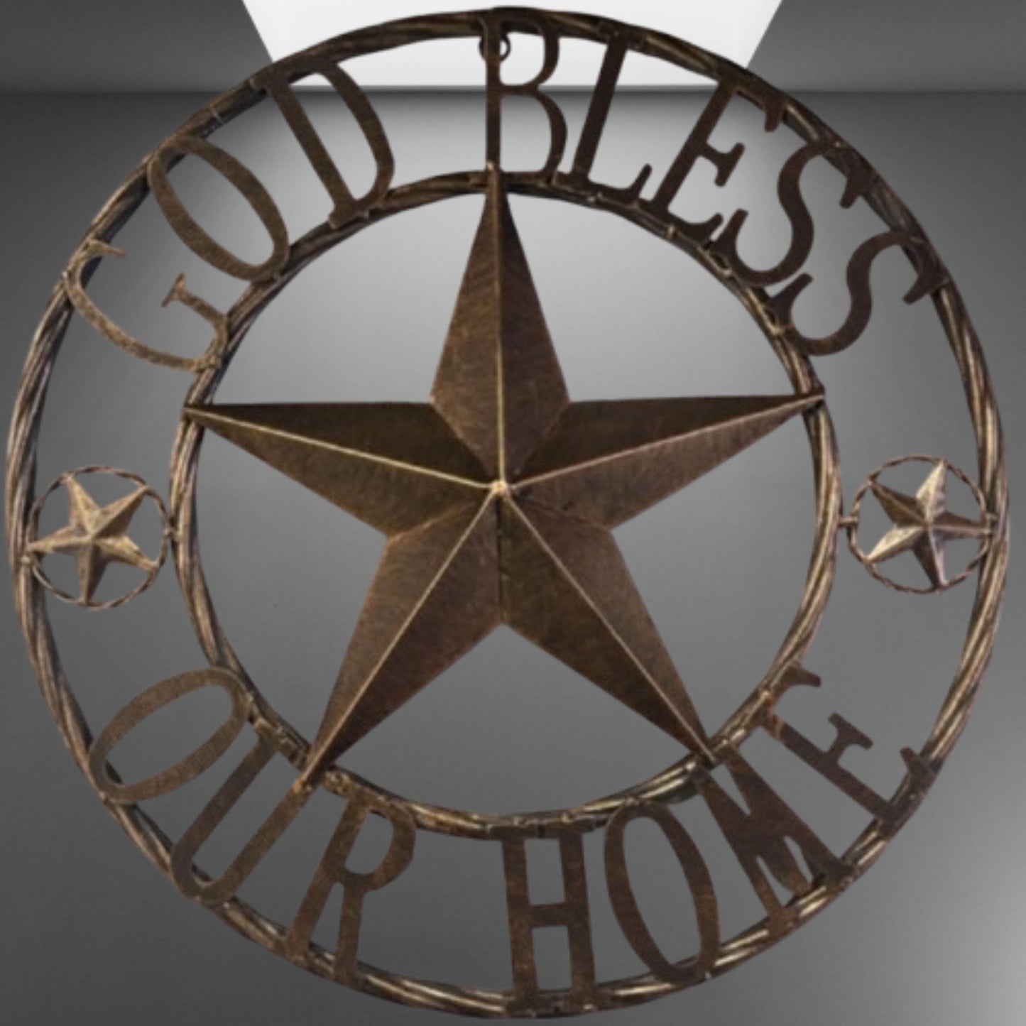 GOD BLESS OUR HOME BARN STAR METAL LONE STAR TWISTED ROPE RING RUSTIC BRONZE WESTERN HOME DECOR HANDMADE #EH12955