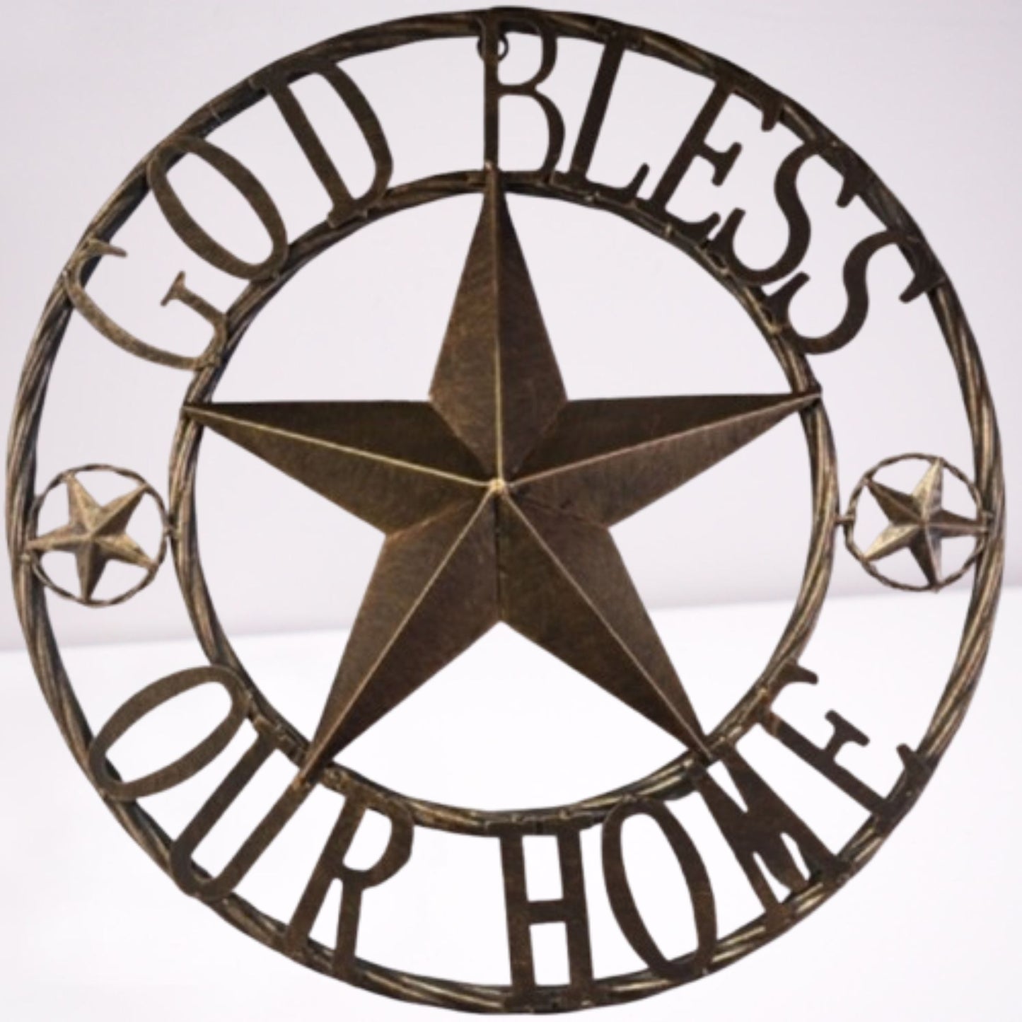 GOD BLESS OUR HOME BARN STAR METAL LONE STAR TWISTED ROPE RING RUSTIC BRONZE WESTERN HOME DECOR HANDMADE #EH12955