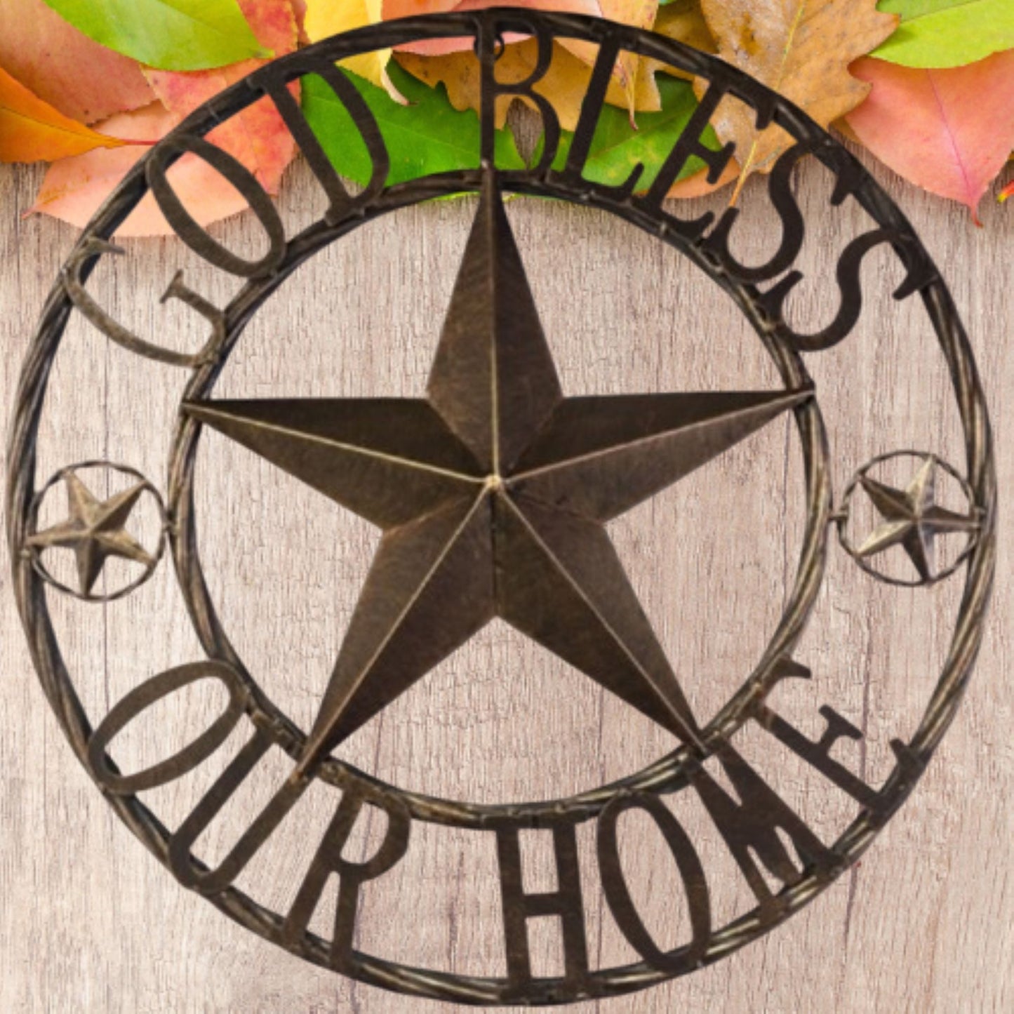 GOD BLESS OUR HOME BARN STAR METAL LONE STAR TWISTED ROPE RING RUSTIC BRONZE WESTERN HOME DECOR HANDMADE #EH12955