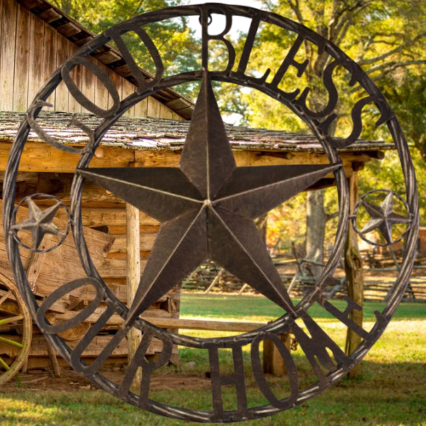 GOD BLESS OUR HOME BARN STAR METAL LONE STAR TWISTED ROPE RING RUSTIC BRONZE WESTERN HOME DECOR HANDMADE #EH12955