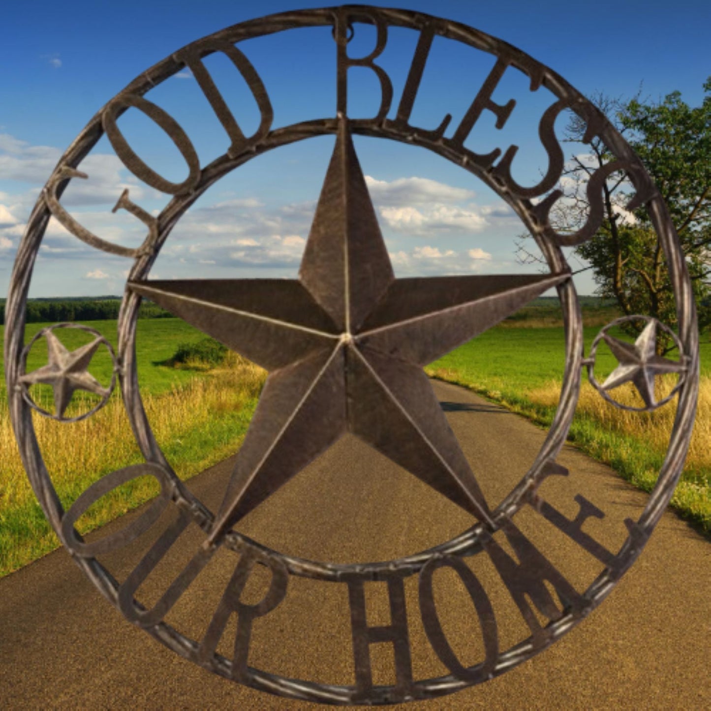 GOD BLESS OUR HOME BARN STAR METAL LONE STAR TWISTED ROPE RING RUSTIC BRONZE WESTERN HOME DECOR HANDMADE #EH12955