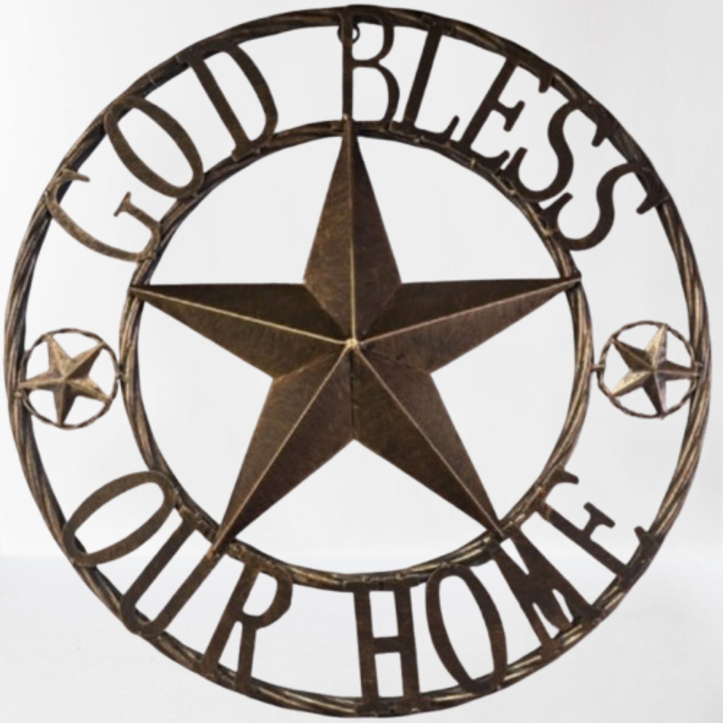 GOD BLESS OUR HOME BARN STAR METAL LONE STAR TWISTED ROPE RING RUSTIC BRONZE WESTERN HOME DECOR HANDMADE #EH12955