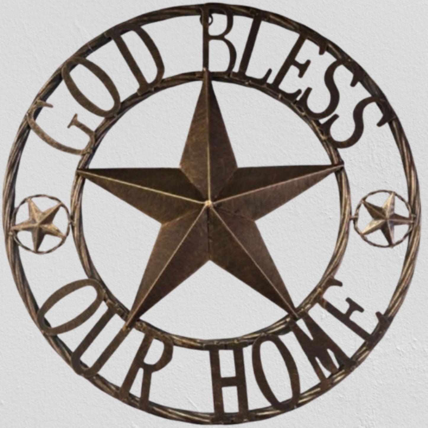 GOD BLESS OUR HOME BARN STAR METAL LONE STAR TWISTED ROPE RING RUSTIC BRONZE WESTERN HOME DECOR HANDMADE #EH12955