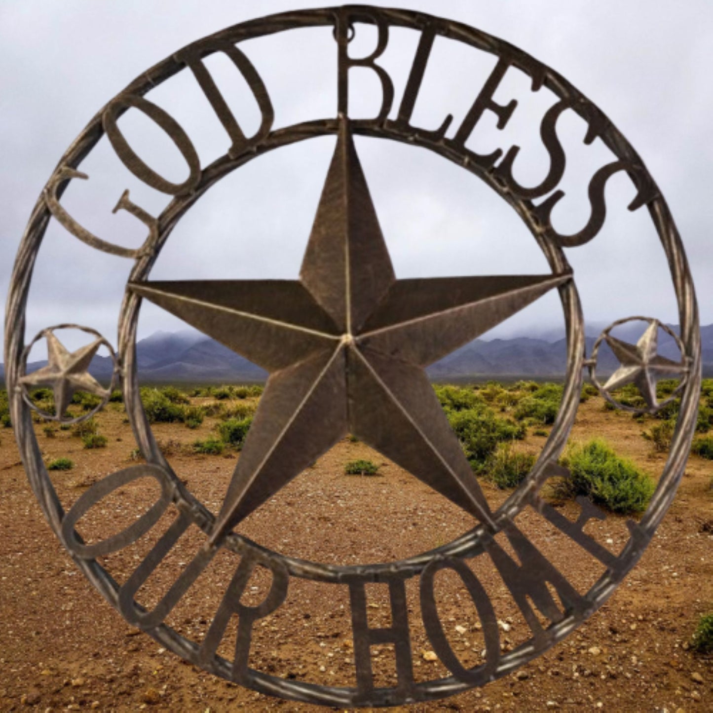 GOD BLESS OUR HOME BARN STAR METAL LONE STAR TWISTED ROPE RING RUSTIC BRONZE WESTERN HOME DECOR HANDMADE #EH12955